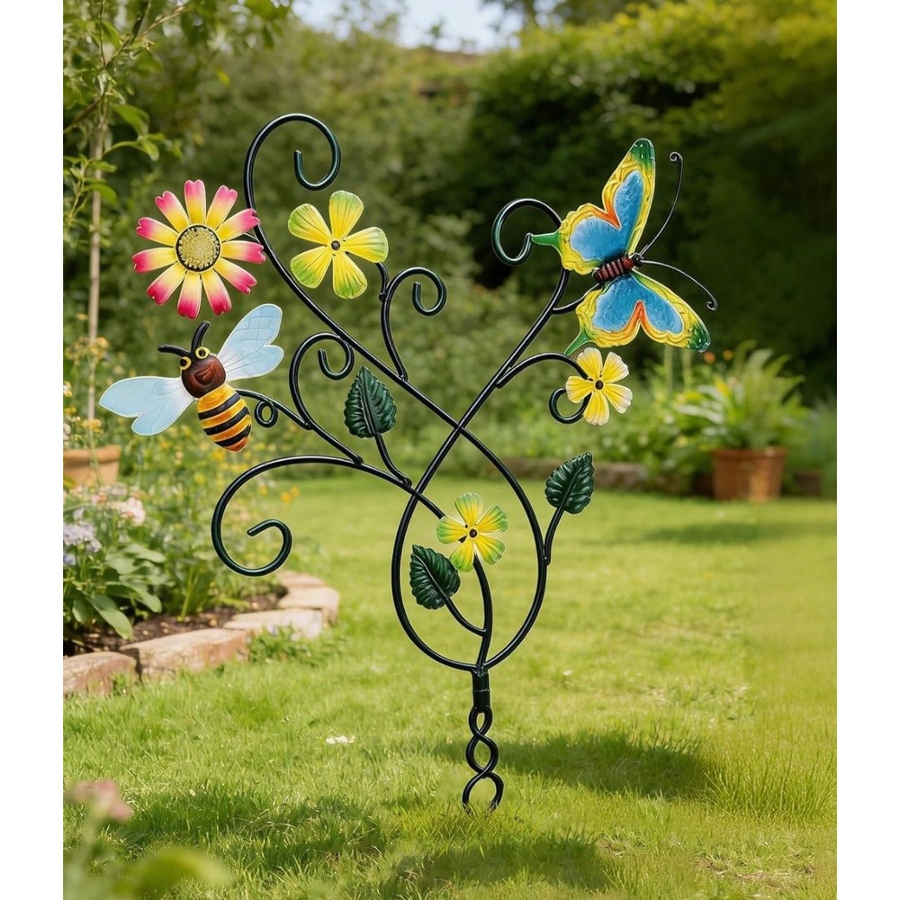 Metal Garden Trellis Butterfly Bee Flower Decorative Plant Support Stake Black